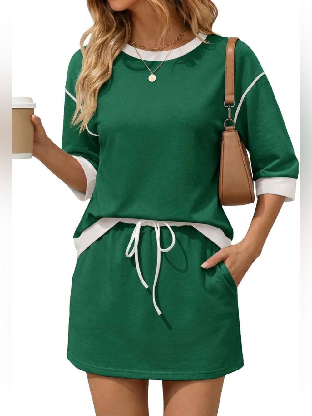 A576 Tankaneo Womens Green 2 Piece Skirt Set Sweatshirt Skort longe set NWT XL